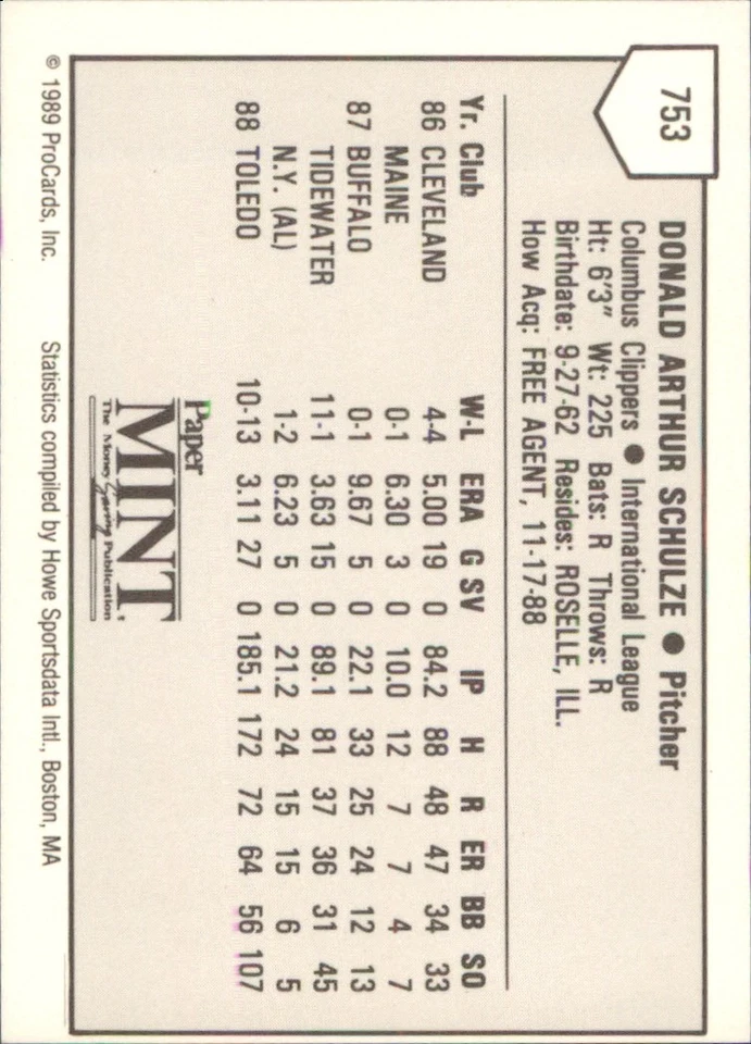 Don Schulze 1989 ProCards Minors T/S #753 RC Columbus Clippers AutographDen - Image 2 of 2