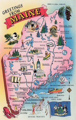 Maine State Map Presque Isle Houlton Calais Kittery York Beach Vtg Postcard I54