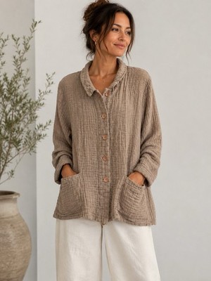 Flax linen jacket features a textured, oatmeal-colored Size L