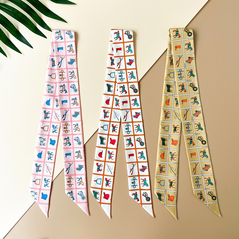 Quality 18 Momme Twill Silk Scarf Ribbon Harness Print Necktie