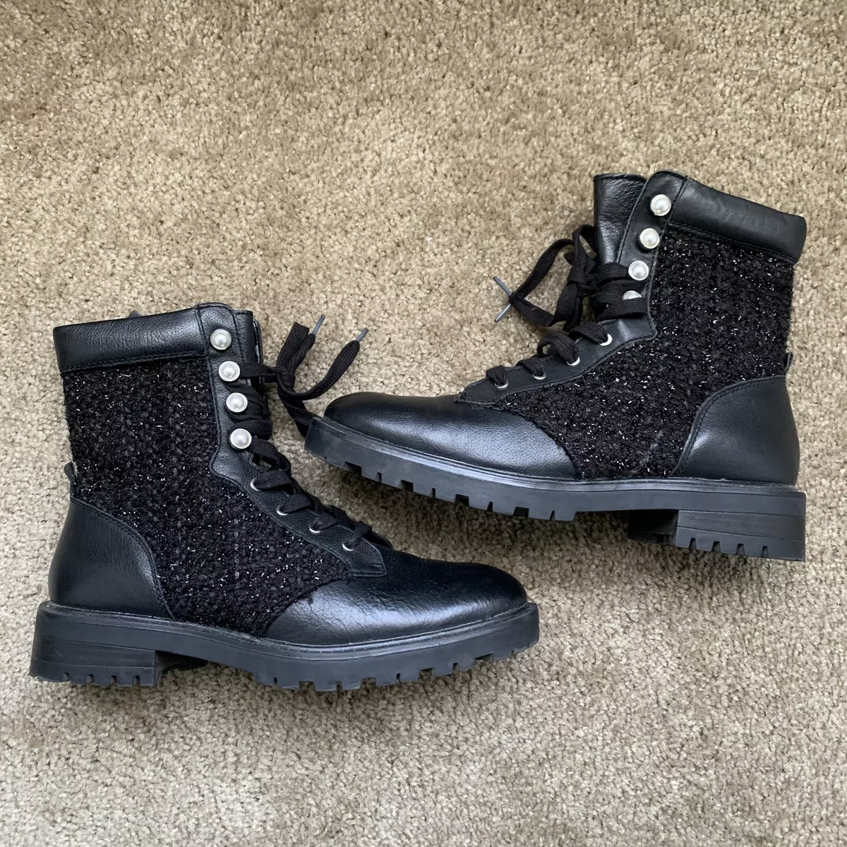 Zara Tweed Pearls Ankle Black Combat Boots Size 10 41 6172 301