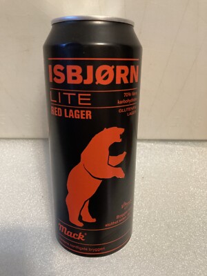 MACK ISBJORN LITE RED LAGER BEER 16OZ. CAN WITH RED POLAR BEAR GRAPHICS. NORWAY