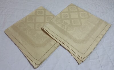 Two XL Vintage Dinner Napkins, Linen, Yellow, Woven Geometric & Floral Design