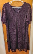 Chaps Women’s Lace Overlay Short Sleeve Dress Stretch Purple Plum Size 22