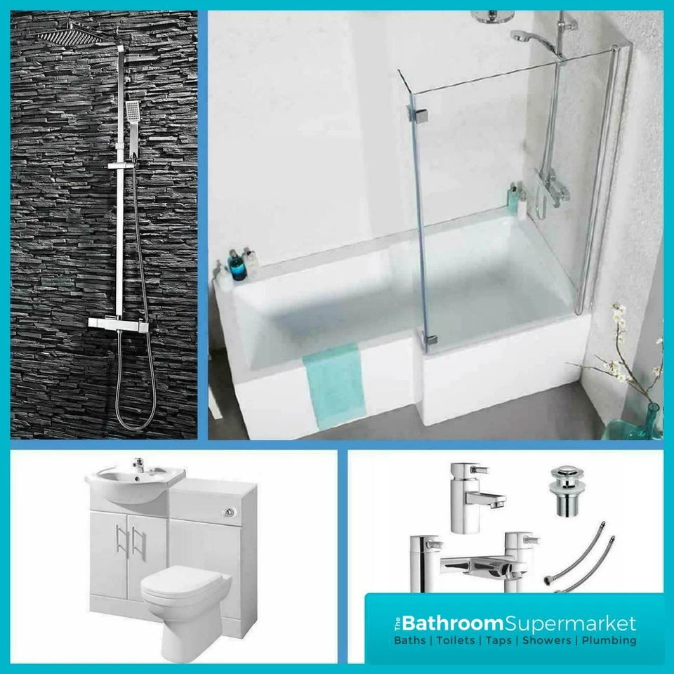 L Shaped Bathroom Suite 1700 Bath 550 Vanity Unit BTW Toilet WC Taps & Shower