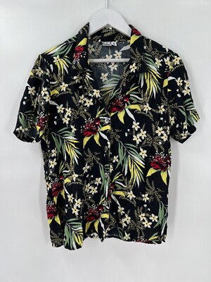 Erena Vintage Blouse Womens Large Button Up Black Short Sleeves Casual Tropical