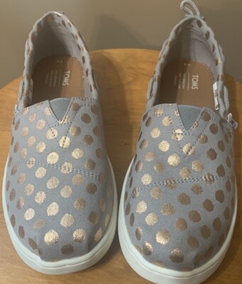 Toms Classic Flats Size Y4 Gray Rose Gold Foil Polka Dot Slip On Shoes New