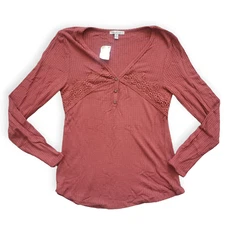 Boot Barn Moa Moa Waffle Knit Long Sleeve V-Neck Embroidered Top Sz M