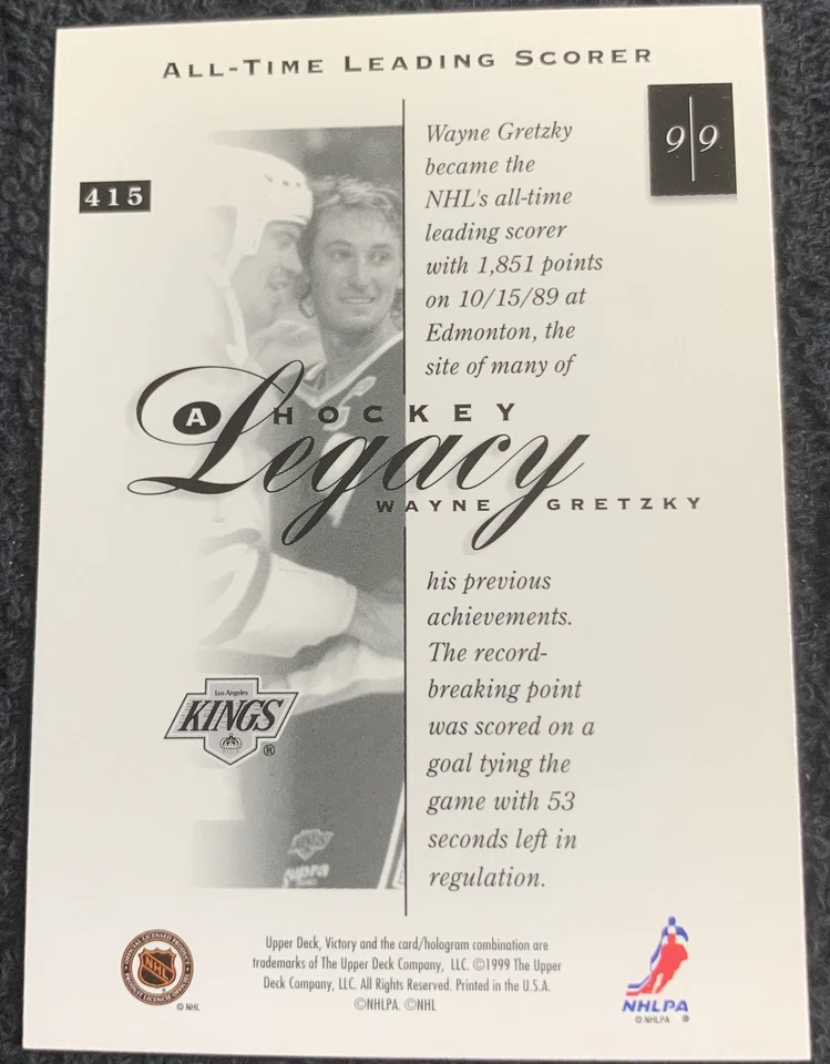 1999-00 UPPER DECK VICTORY LEGACY #415 WAYNE GRETZKY L. A. Kings Hockey Card - Image 2 of 2