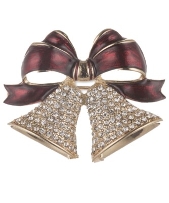 $28  Loft gold tone faux pearl & Crystal bell & bow  pin  Ja5