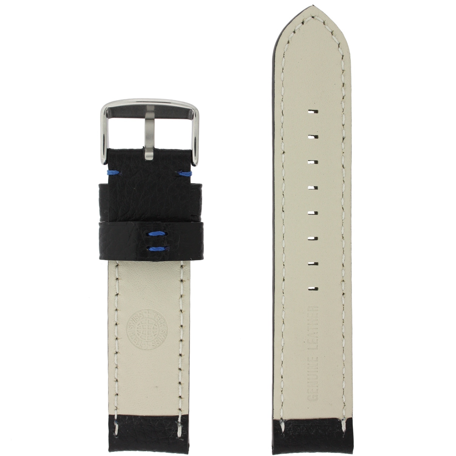 Watch Band Padded Leather Black Blue Stitching Heavy Padded Long  20mm - 24mm