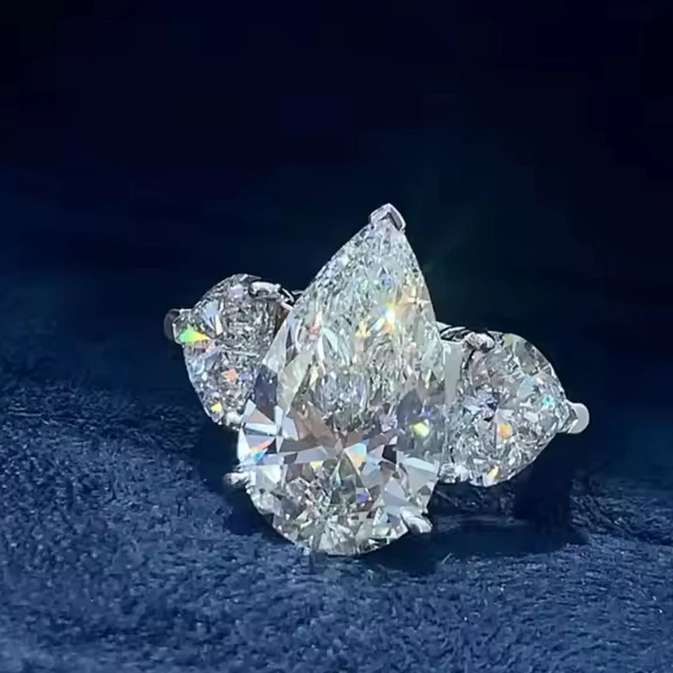 5.64 TCW Pear Cut Moissanite Three Stone Engagement Ring 14K White Gold Plated - Image 2 of 4