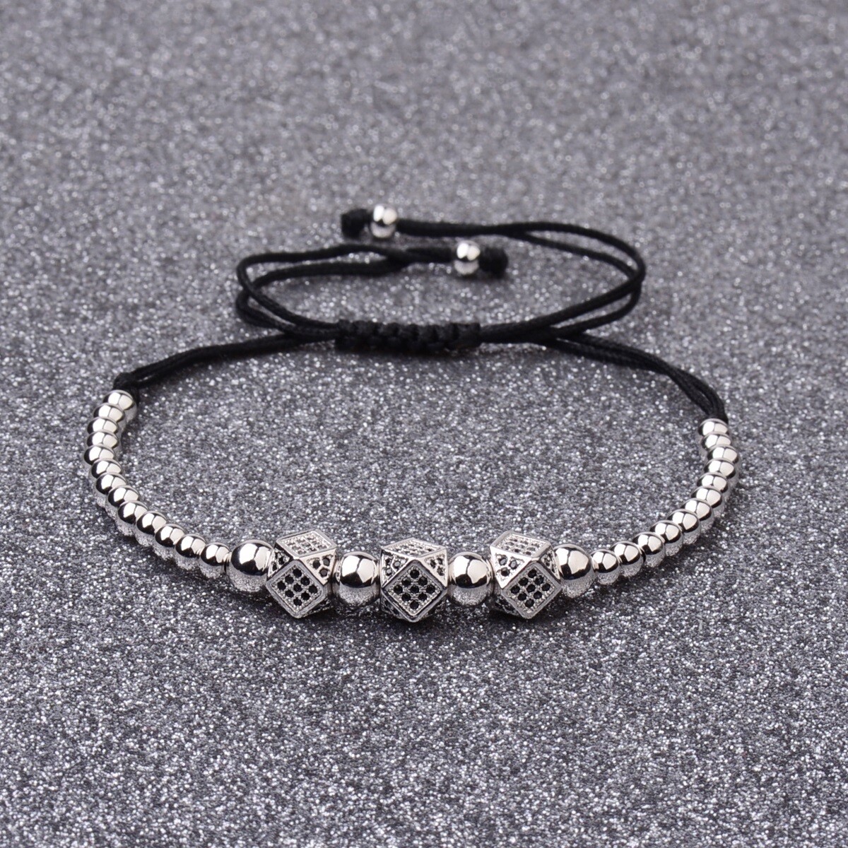 Men's Braided Adjustable Bracelet Set - Stainless Steel Crown Charm With Black CZ Zircon