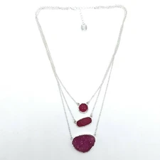 Zad Signed Chain Necklace 3 Strand Faux Pink Fuchsia Druzy Pendant Silvertone