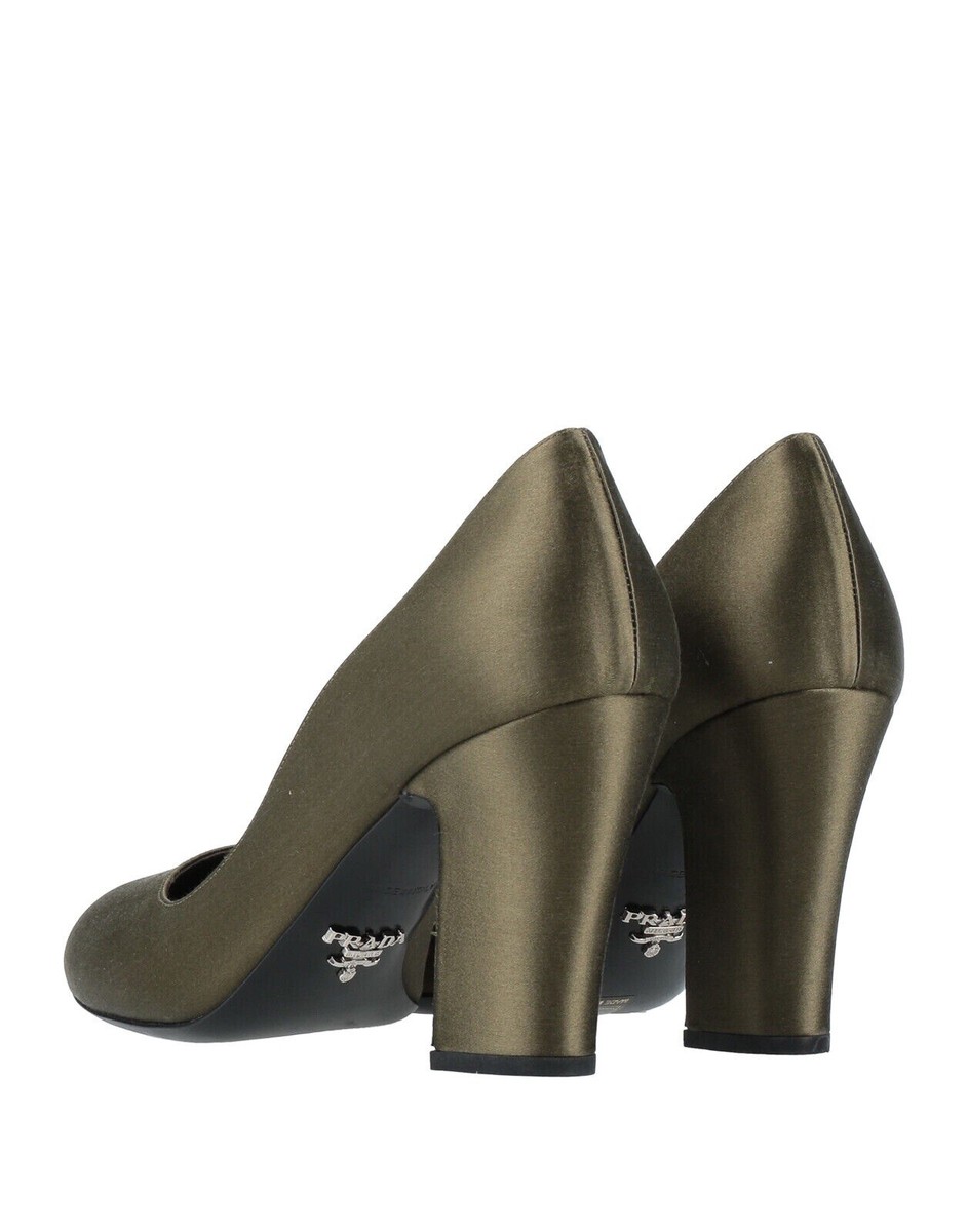 New $ 980! PRADA Satin Court Shoes EU38 Green Square Heel Made in