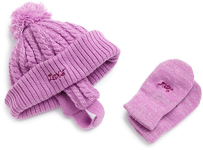 Levi's Baby Girl's Metallic Silver Knit Set Hat & Mittens, Purple Plum 12-24 Mos