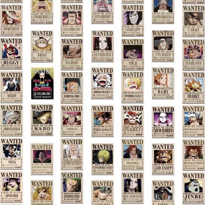 Pegatinas póster One Piece Wanted - 100 un. - Anime miembro completo Luffy OP - 4x6 Cm