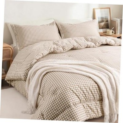 Full Comforter Set, Modern Plaid Checkered Bedding Full(82''x86'') Tan Gingham