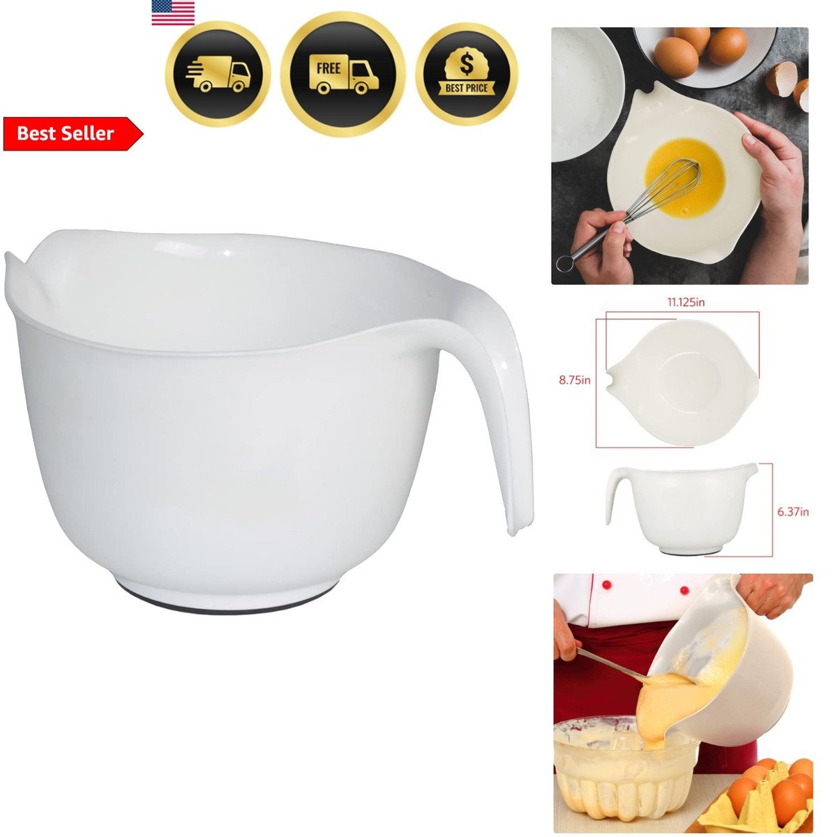 Mixing Bowl with Handle – 3 Quart | Heavy Duty Plastic with Pour