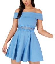 B. DARLIN Womens Crochet Trim Fit & Flare Dress, powderblue, XXS