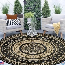 Cekene 8Ft Round Waterproof Reversible Outdoor Rug - Lightweight Black Patio Mat