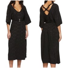 Ganni NWOT Black Naia Acetate Jacquard Print Floral Midi Dress Belted Size 4