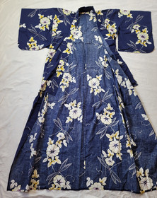 Japanese Style Kimono Cotton Yukata Blue Floral Dragonfly NO Belt 63" Long
