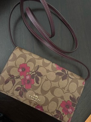 Coach Floral Print Crossbody Bag Brown Pink Burgundy Gold Hardware