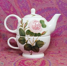 Tea For 1  Stacking Teapot  Cup Set with Pink Roses  Green Leaves