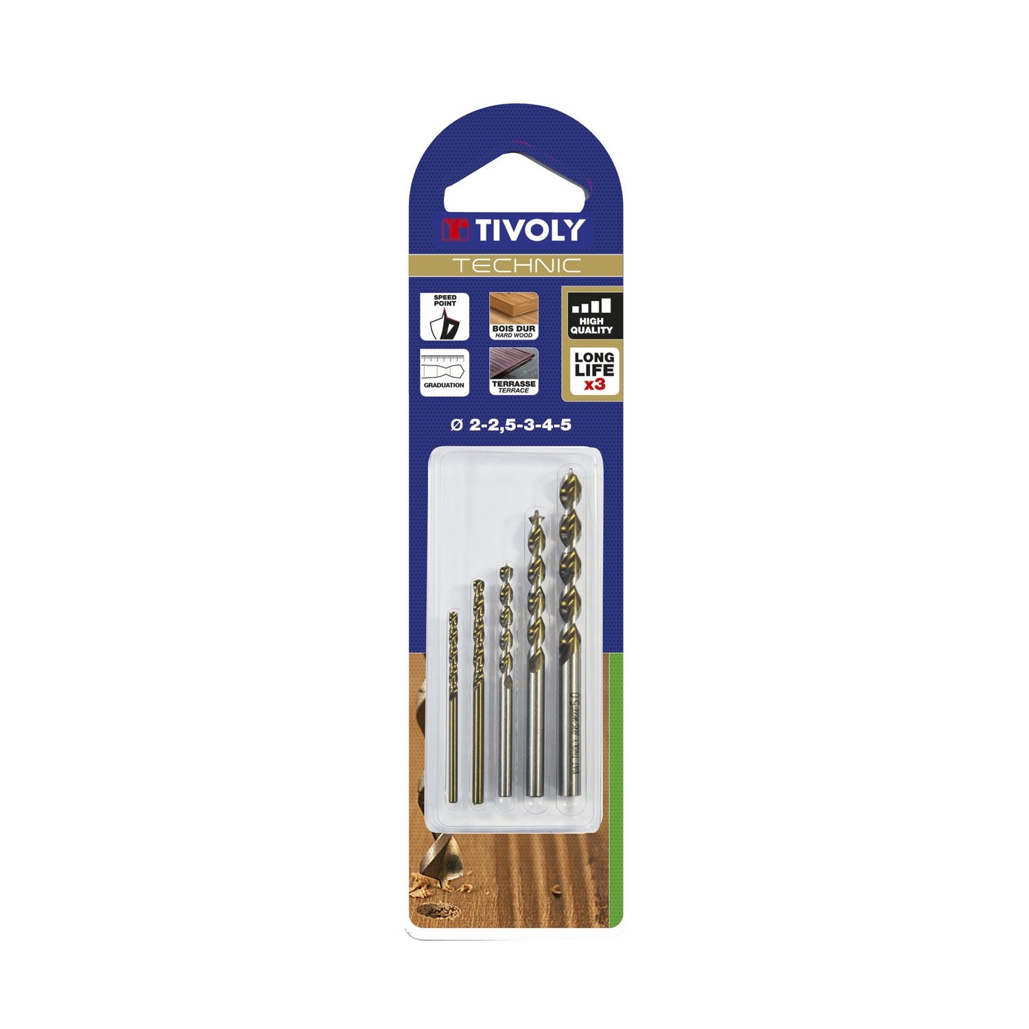 Forets bois gradués Technic 5 pièces gris bronze pour mèche à bois