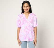 Susan Graver Printed Liquid Knit Split Neck Blouson Sleeve Top Lilac/Rose S New