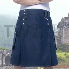 Men's Blue Utility Kilt Made Of Cotton With Two Side Pocket Two Back Pocket