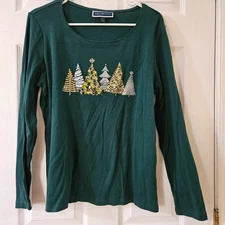 Karen Scott Womens Pullover Top Shirt Large Christmas Tree Holiday Gold NWOT