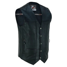 Men's Black Leather Vest with Concealed Carry Pockets   10 Pockets Motorcycle