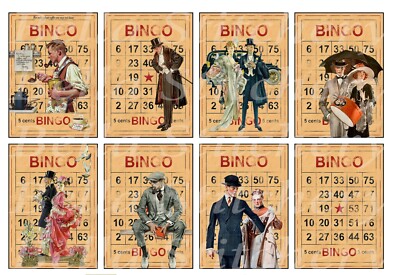 Set of 8 Vintage Retro Bingo Gentlemen Ephemera Collage Cotton Fabric Blocks