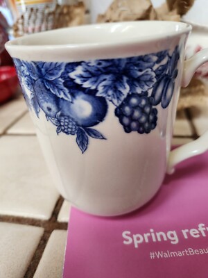 Vintage Libbey Tableware Ceramic Coffee Mug Blue Fruit Design 