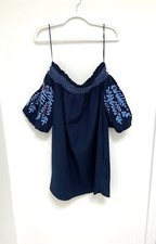 Zara Navy Blue Off The Shoulder Dress With Embroidery