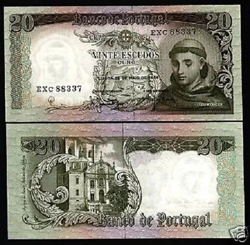 PORTUGAL 20 ESCUDOS P-167 1964 PRE EURO SAN ANTONIO CHURCH UNC CURRENCY BANKNOTE - 第 3/6 張圖片