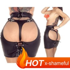 PU Leather G-String Lingerie Clubwear Goth Women Sexy Open Butt Skirt Mini Dress