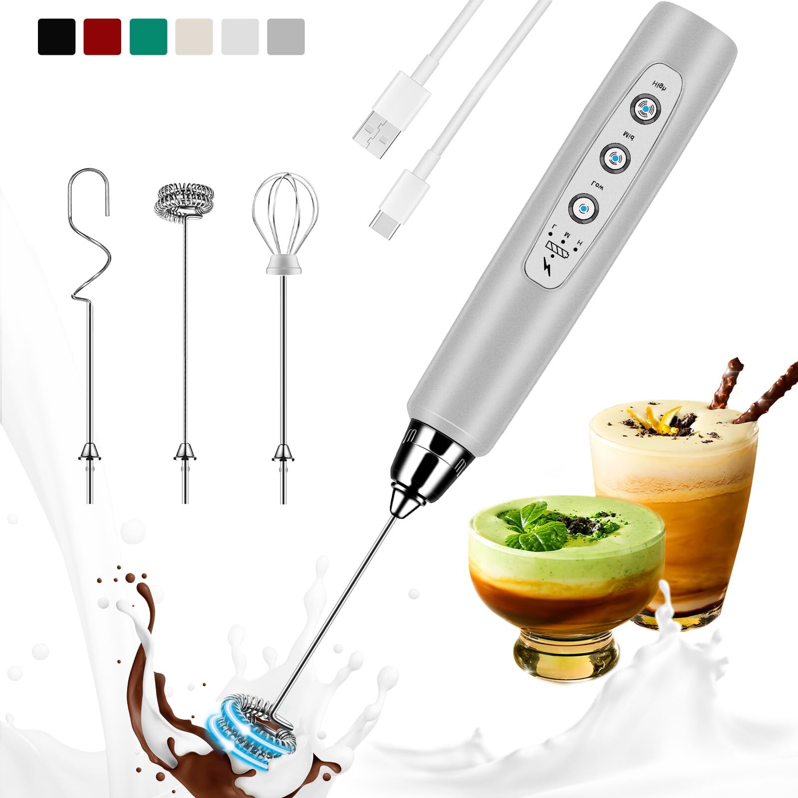 Milk Frother Handheld Rechargeable, Frother Wand Drink Mixer Electric Whisk f...