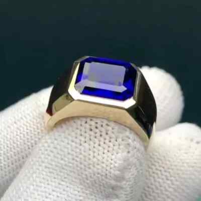 14K Yellow Lab Created Emerald Blue Sapphire Ring
