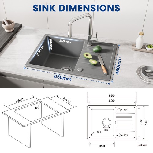 Granitspüle Spülbecken 65x45 Küchenspüle Einbauspüle Siphon Spüle Küchenarmatur - Bild 5 von 229