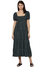 American Eagle Plaid Green Navy Smocked Midi Dress Puff Sleeve Buttons M