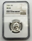 1958-P Washington Silver Quarter 25C NGC MS66 BU UNC Philadelphia US Coin BM1