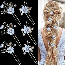 6 Pieces Bridal Flower Wedding Hair Pins Crystal Pearl Hair Special Cream Blue