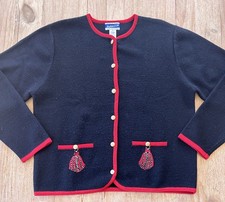 Pendleton Vintage merino wool Black Red Faux Tassels Gold Tone Button Cardigan L