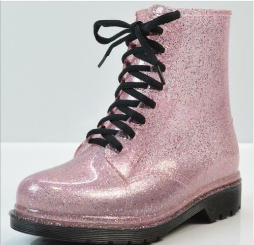 Womens Girls Wellington Lace Up Shiny Block Festival Jelly Wellies Rain Boots - Picture 10 of 14