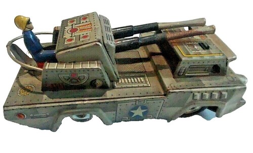 Vintage retro tin Ichiko kindergarten bus, M-24 tank, jeep