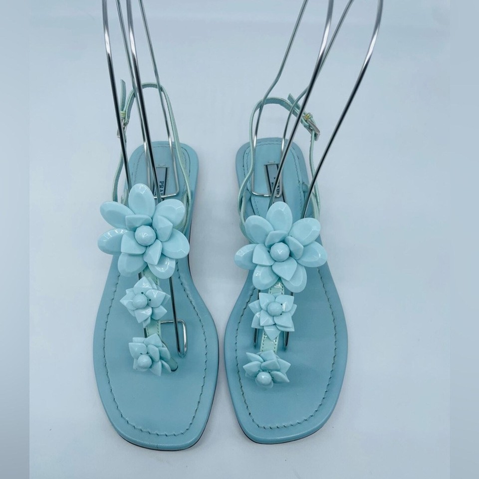 Prada Baby Blue patent Leather Flower Open Toe TStrap Sandals EU 37.5