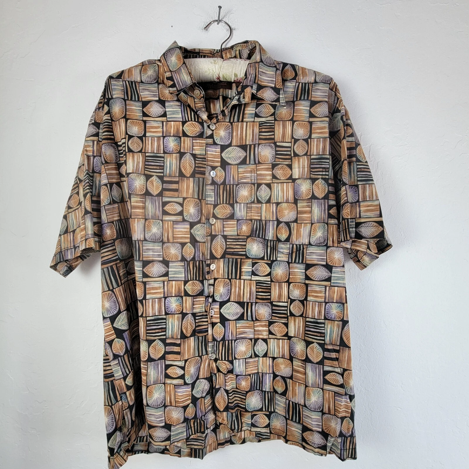 Tori Richard Mens Button Down Shirt Large Brown Geometric Short Sleeve Cotton